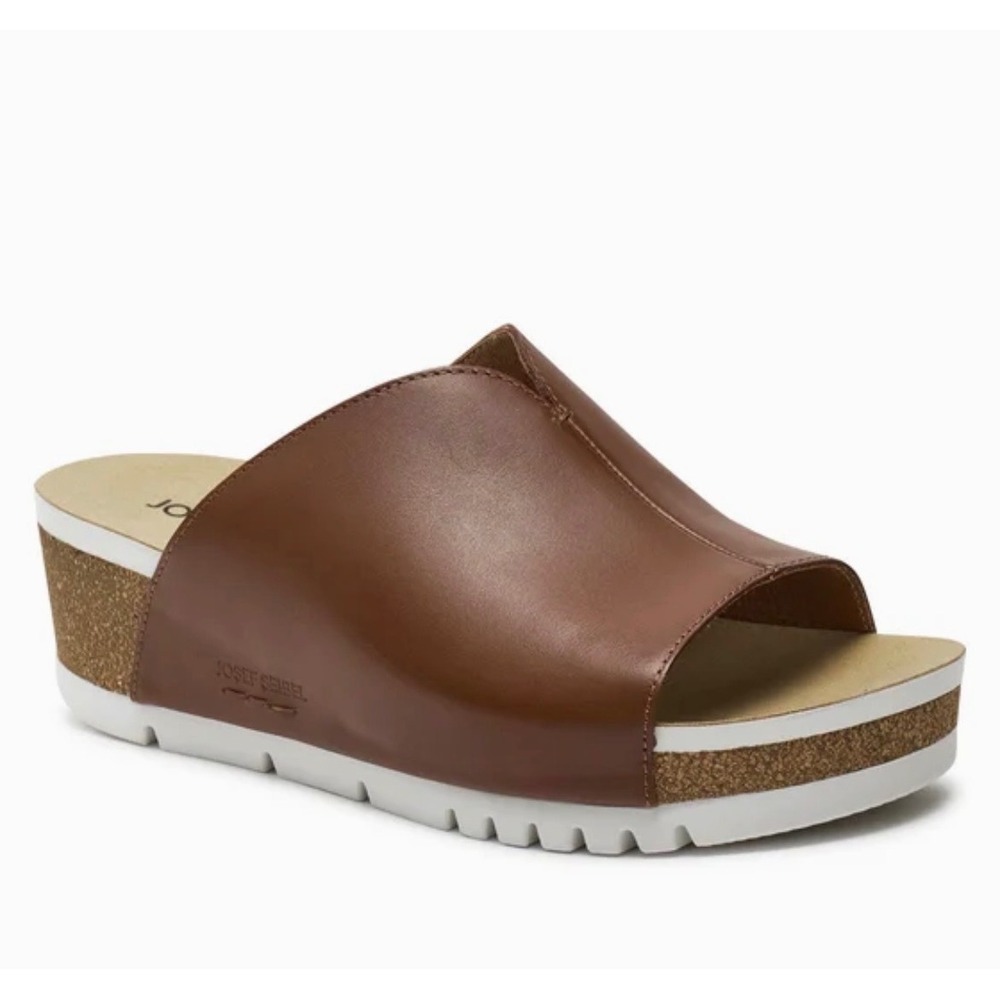 Josef Seibel Brown Leather Open-Toe Wedge Slide